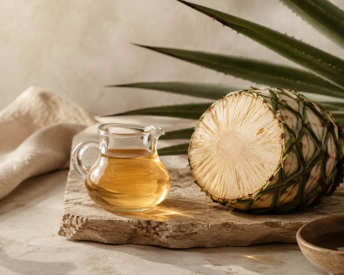 A small glass jug of pale amber agave syrup beside a cut agave core on warm stone