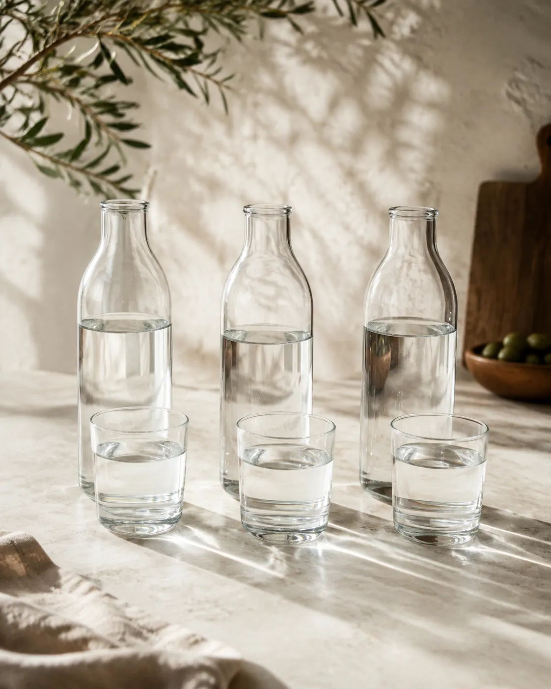 Three plain unlabelled water bottles standing in a row with a filled glass in front of each