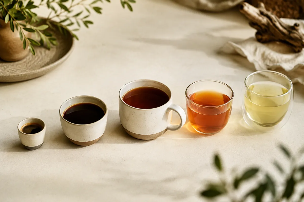 Five cups in a row on a counter, from a small dense espresso through dark filter coffee to a pale green tea in a glass