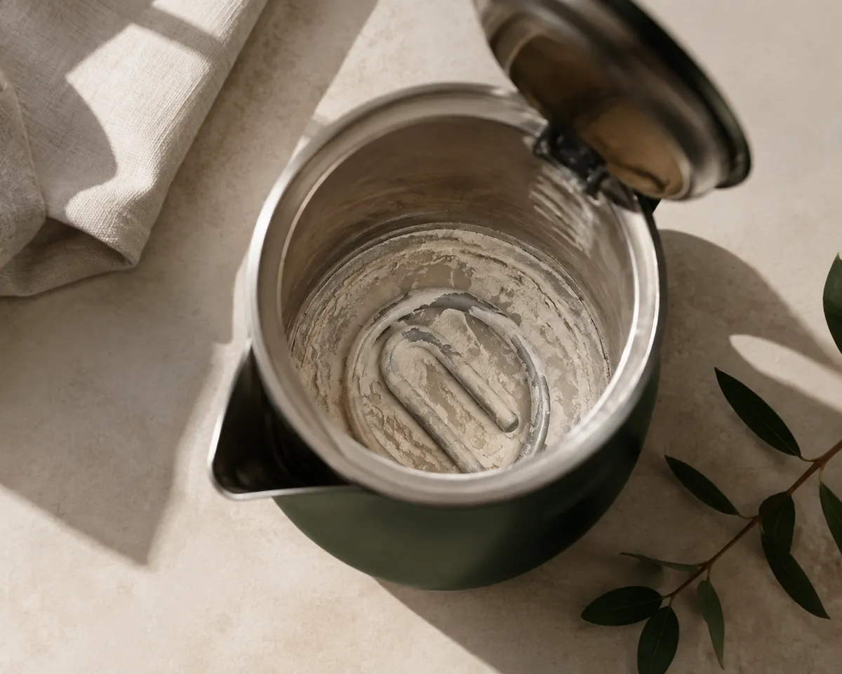 The inside of an opened kettle showing heavy white scale crusted on the element
