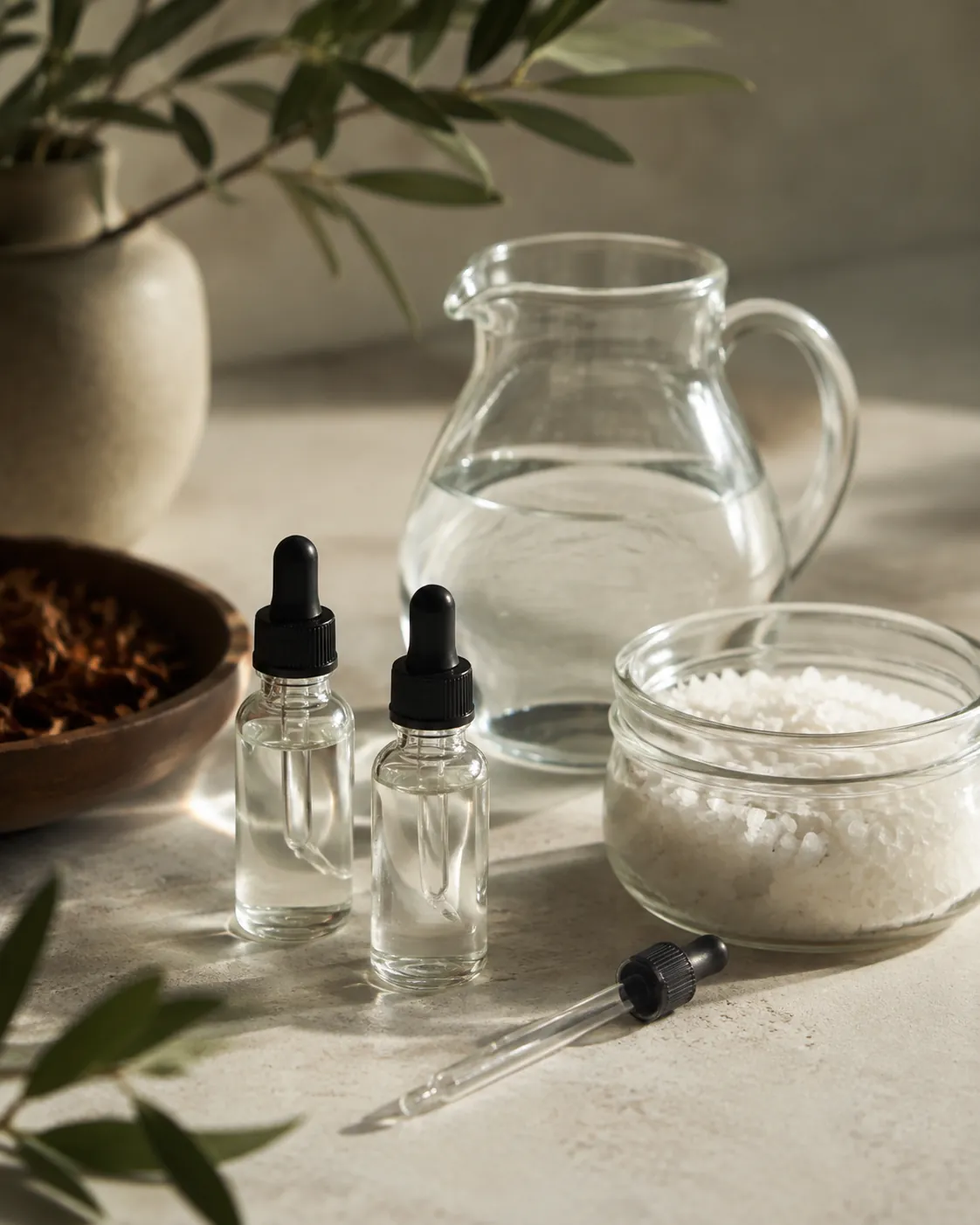 Two small glass bottles of clear concentrate, a pipette, a jar of white crystals and a jug of distilled water on a counter