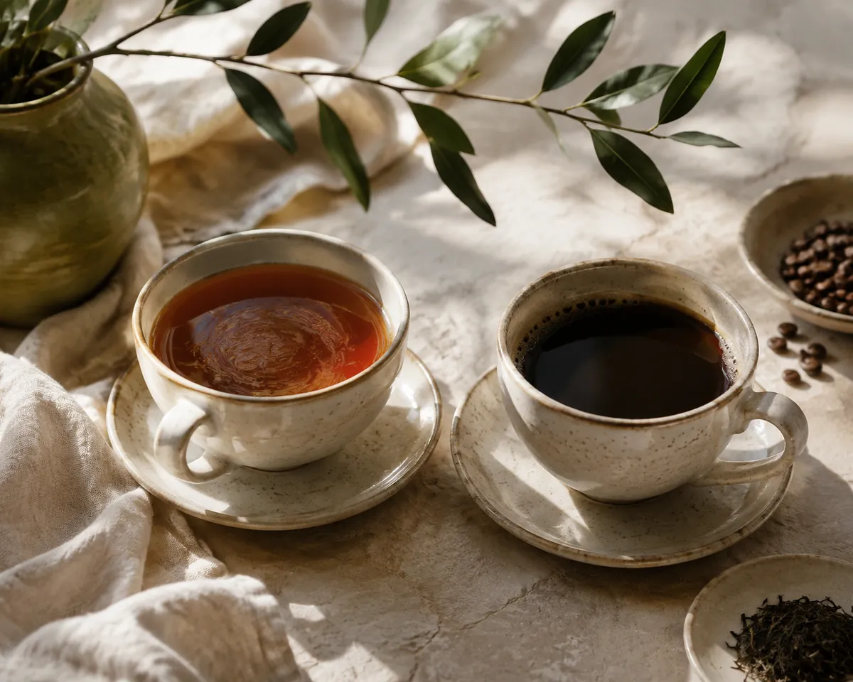 A cup of tea and a cup of coffee side by side, the tea showing a faint film on its surface