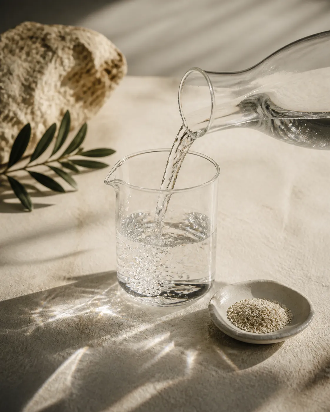 Water being poured into a glass carafe