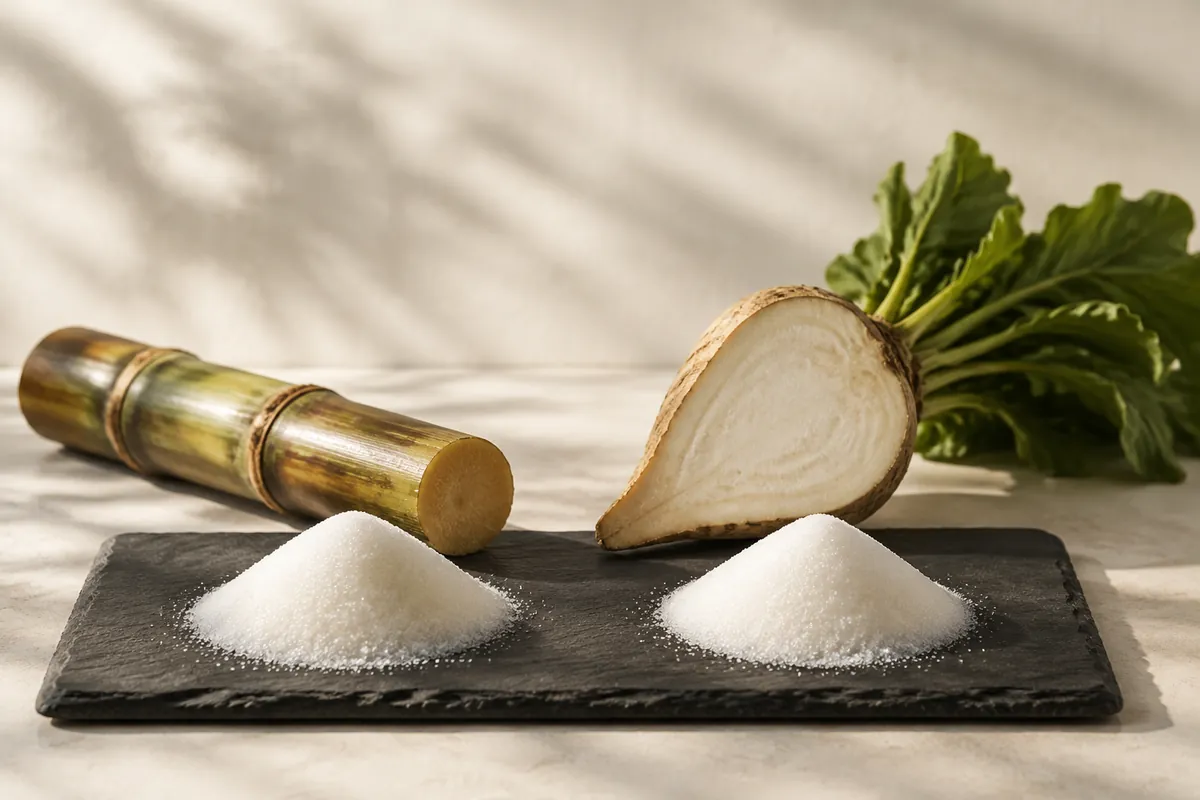 Two identical heaps of white granulated sugar, a cut length of sugar cane behind the left and a halved sugar beet behind the right