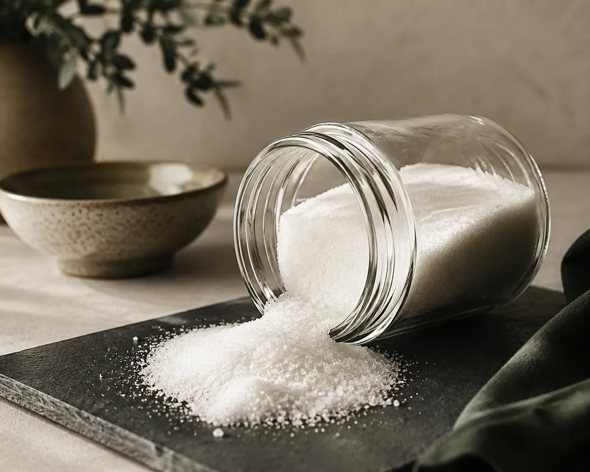 An open jar of white sugar set into one solid block, tipped on its side beside a scattering of loose free-flowing sugar