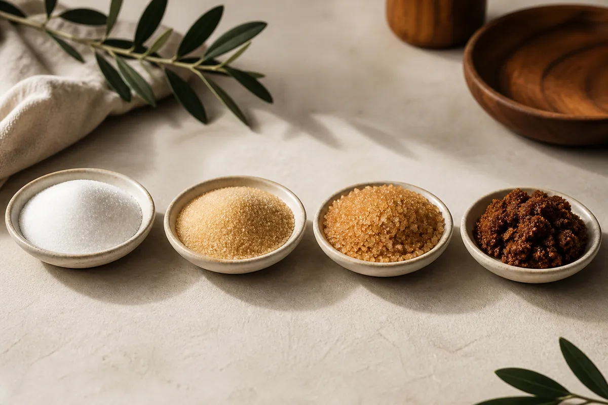 Four small dishes of sugar in a row from white granulated through golden and demerara to dark sticky muscovado