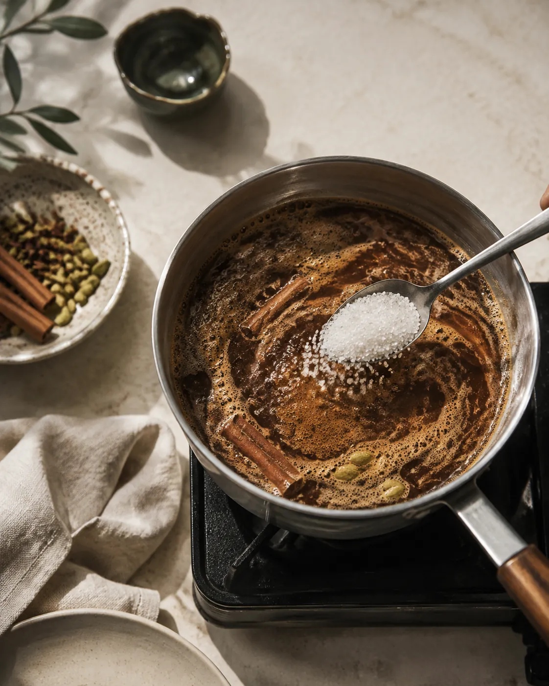 A small steel pan of dark simmering spiced tea with cinnamon bark and cardamom pods on the surface and white sugar dissolving into it