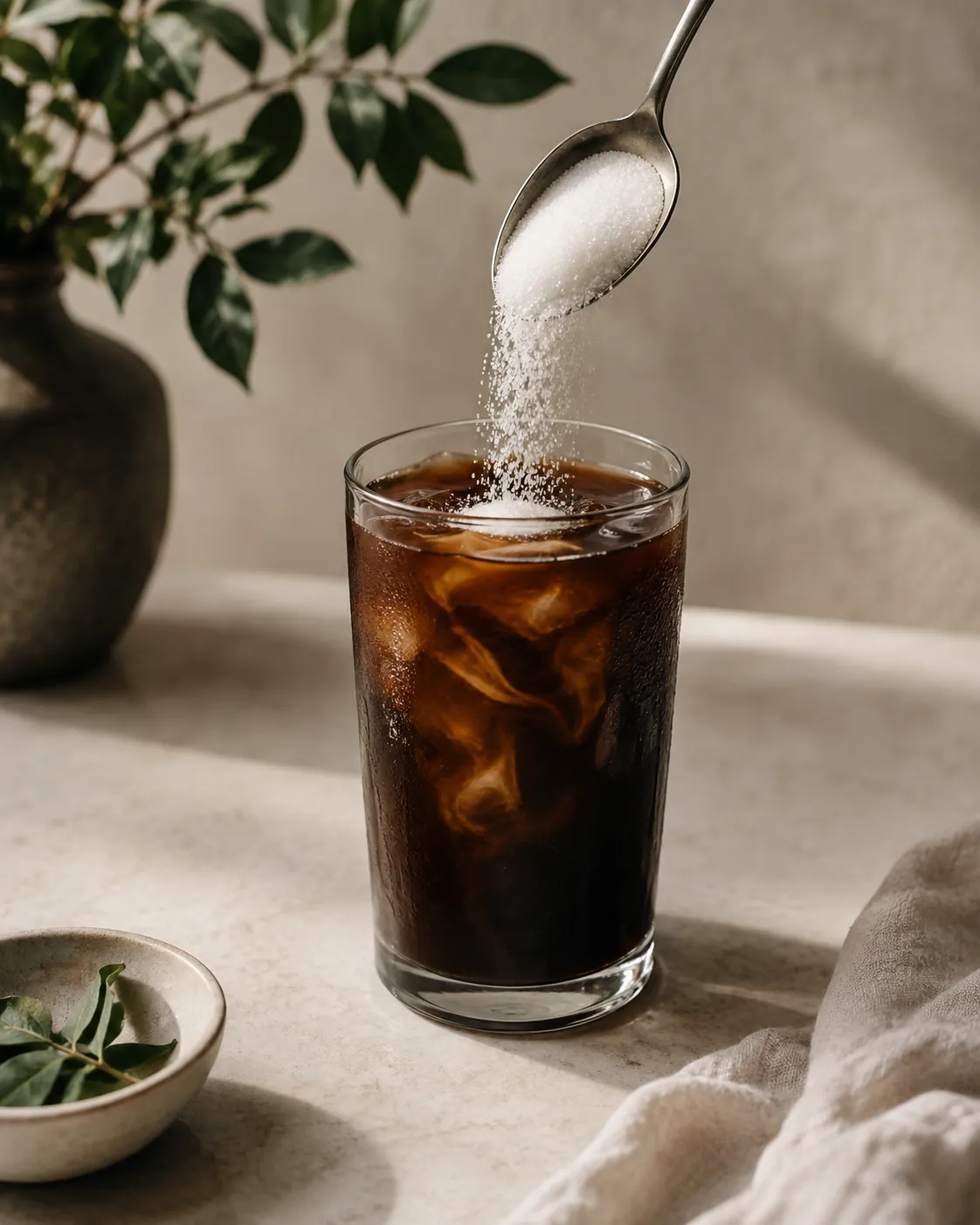 A heaped teaspoon of white granulated sugar tipping into a tall glass of dark cold-brew coffee
