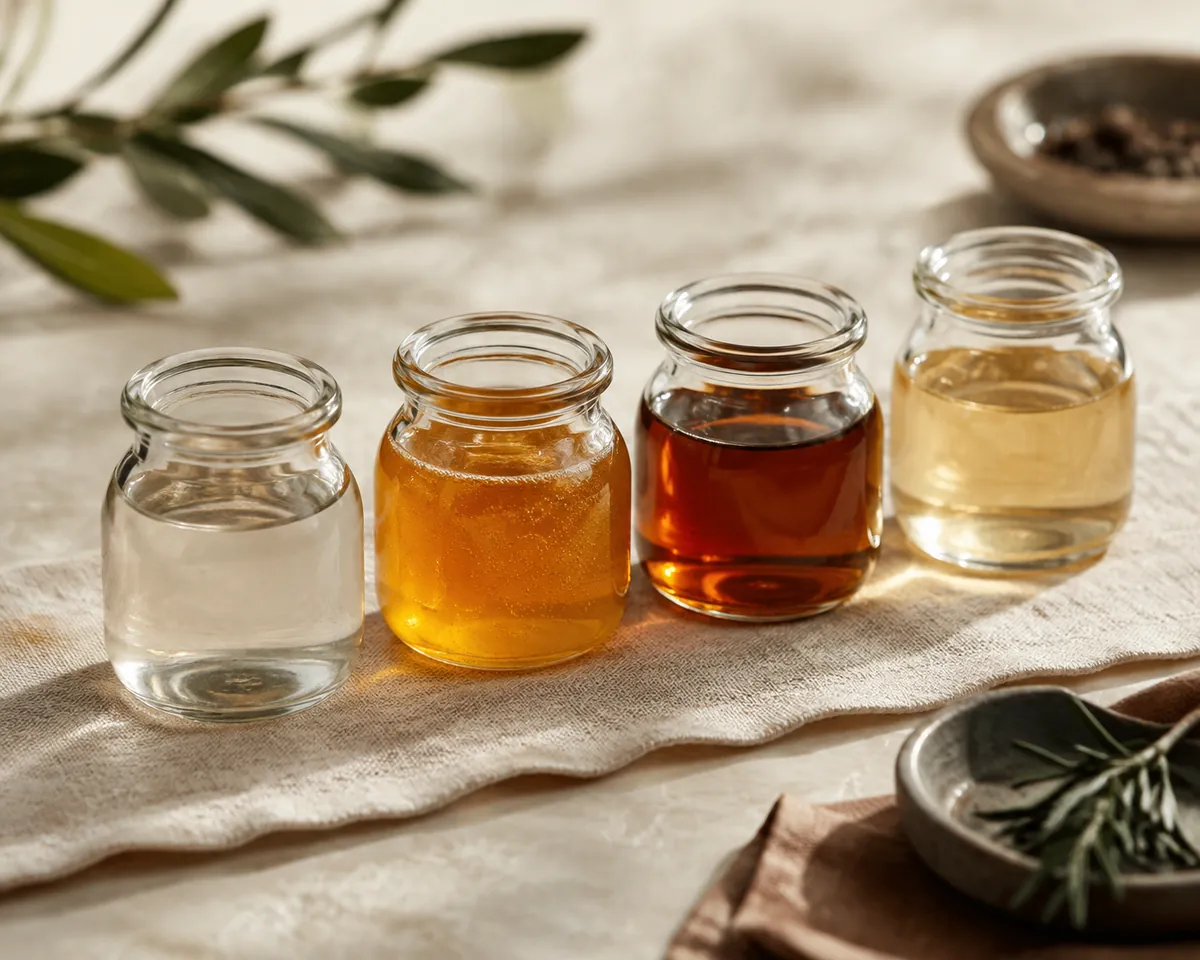 Four small unlabelled glass jars in a row holding clear simple syrup, runny honey, amber maple syrup and pale agave syrup