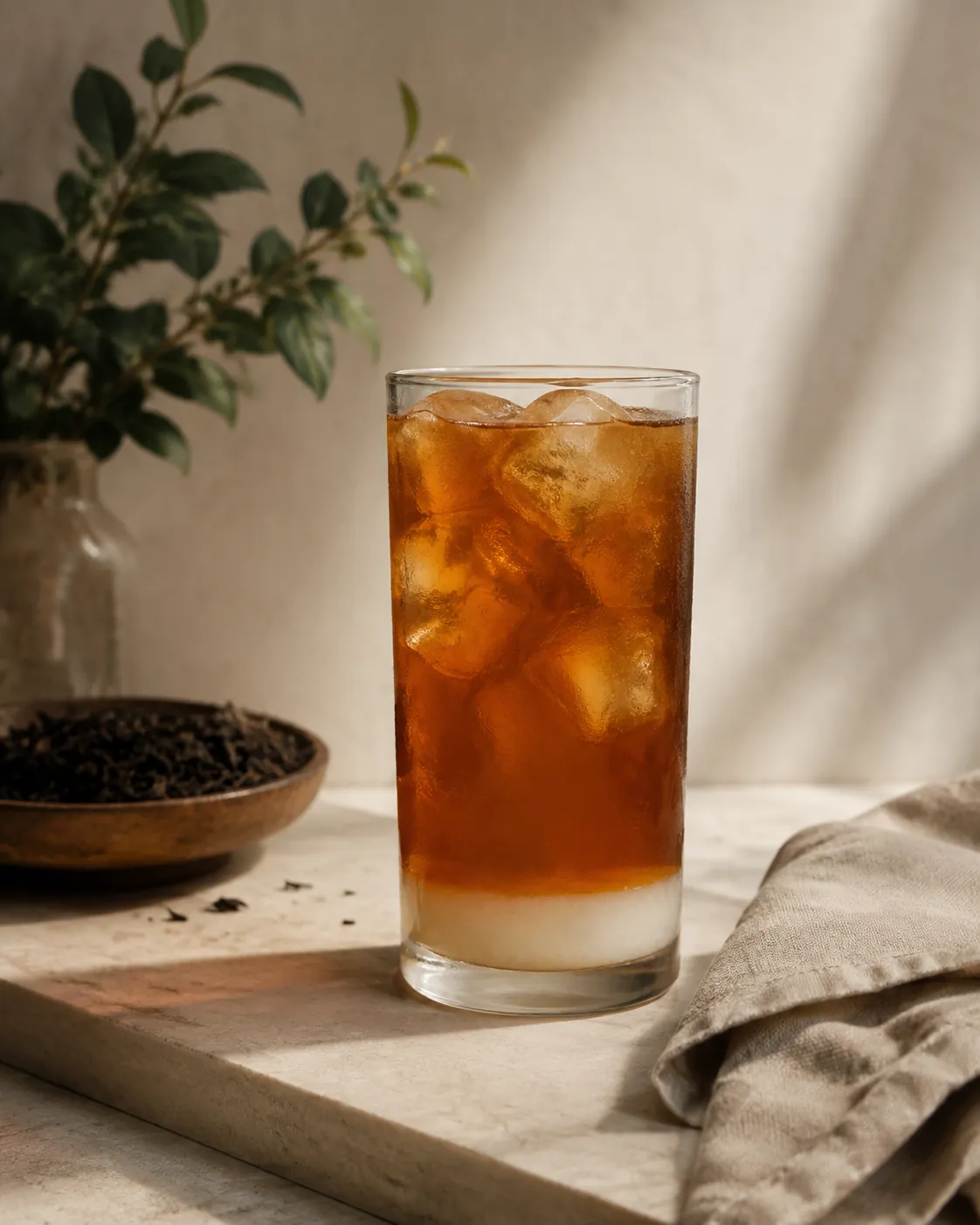 A tall glass of iced tea with undissolved white sugar visible as a layer settled across the bottom