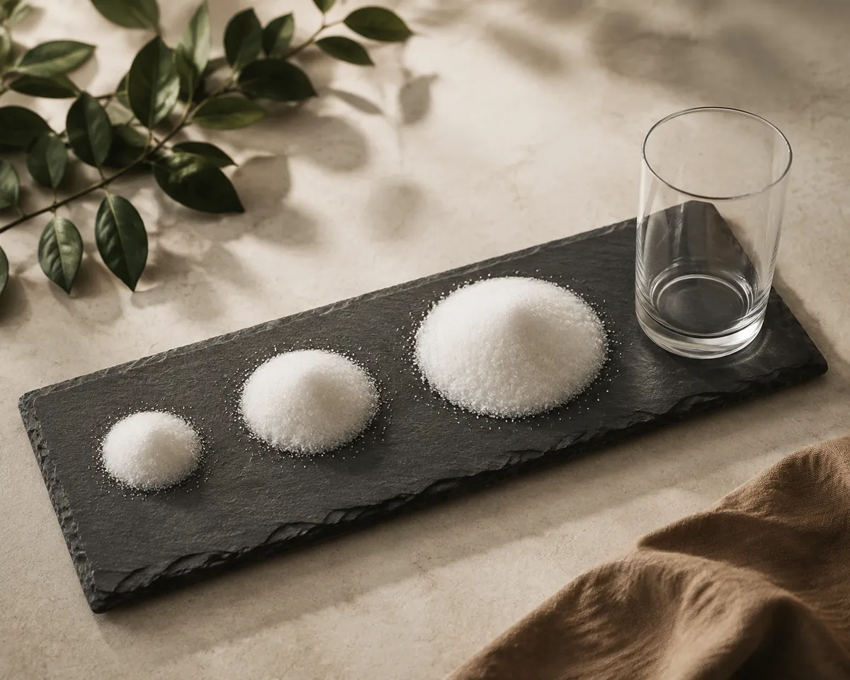 Three small piles of white granulated sugar of increasing size on dark slate beside an empty straight-sided glass