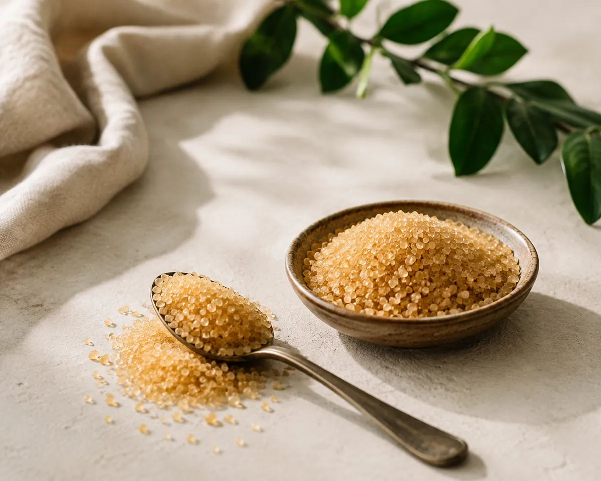 Coarse golden cane sugar crystals in a small dish