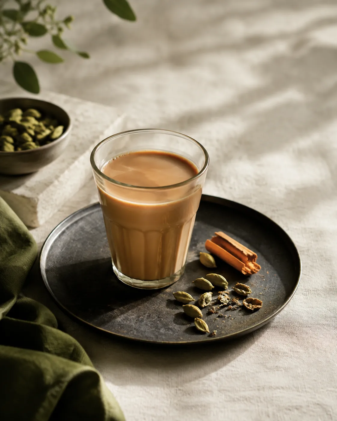 A glass of spiced milk tea beside crushed green cardamom pods and a broken cinnamon stick