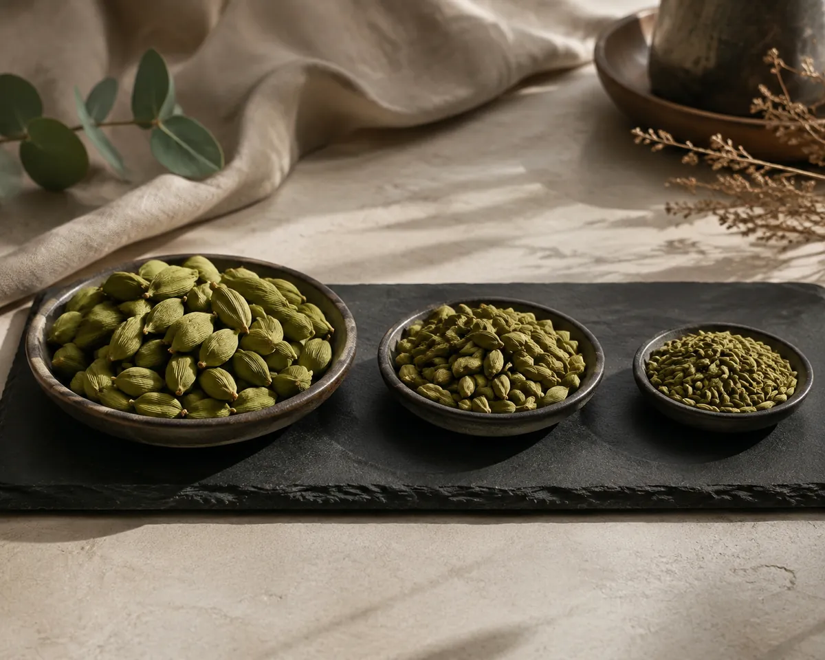 Three dishes of green cardamom pods graded by size, largest to smallest