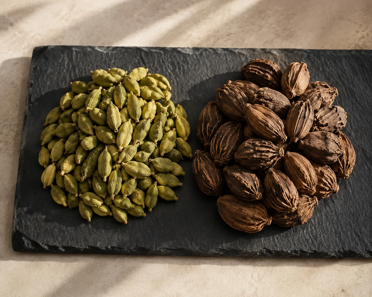 Small pale green cardamom pods heaped beside large wrinkled dark brown black cardamom pods