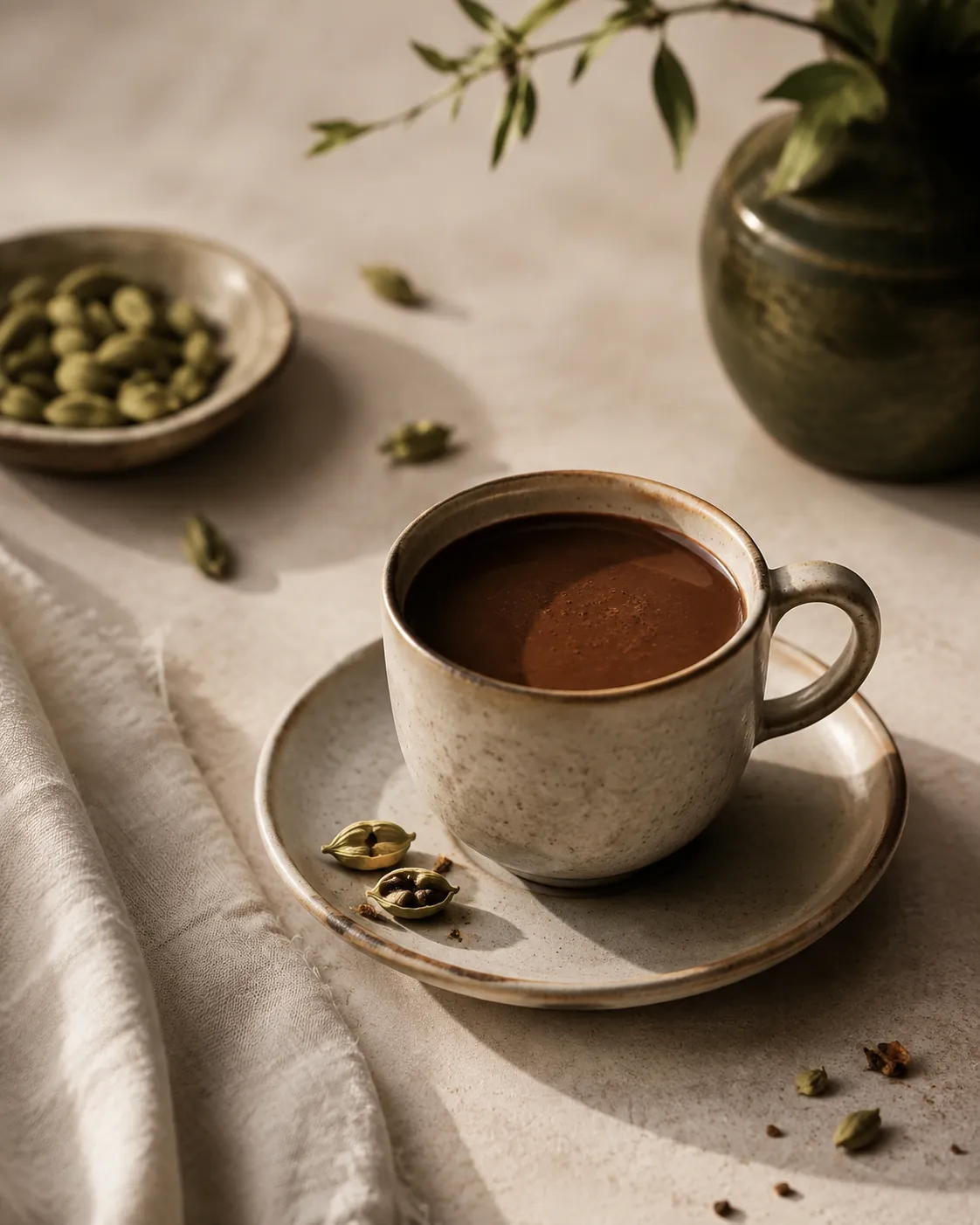 A cup of dark cocoa with two crushed cardamom pods resting on the saucer beside it
