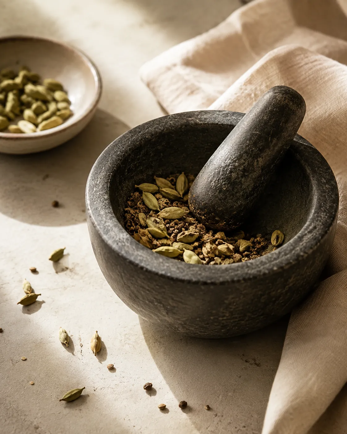 A stone mortar with cracked cardamom pods and freshly ground seed, the pestle resting inside