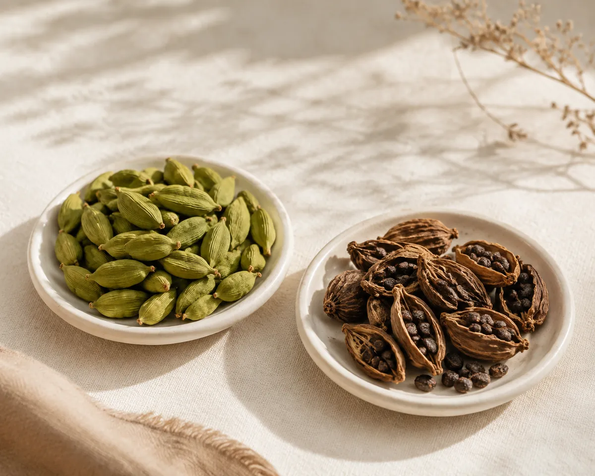 Two small dishes, one of plump closed green pods and one of split brown pods with seeds spilling out