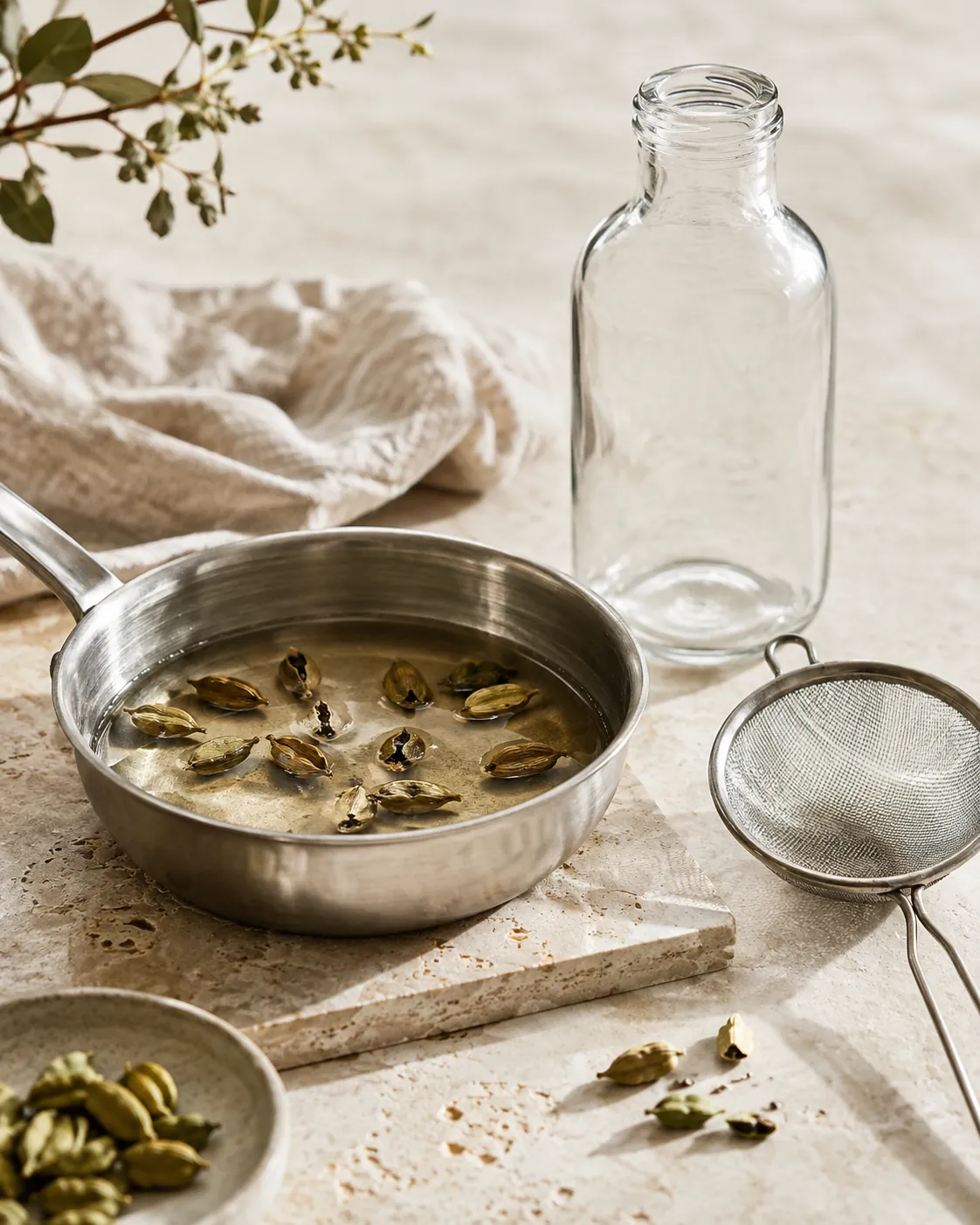 Crushed cardamom pods steeping in a small pan of pale syrup off the heat with a fine strainer beside it