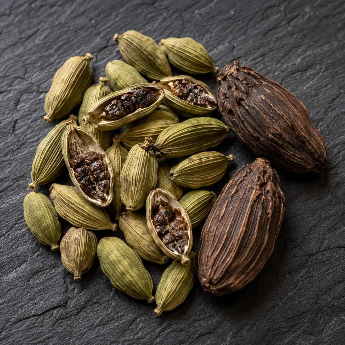 Green cardamom pods, some split open to show black seeds, beside larger black pods