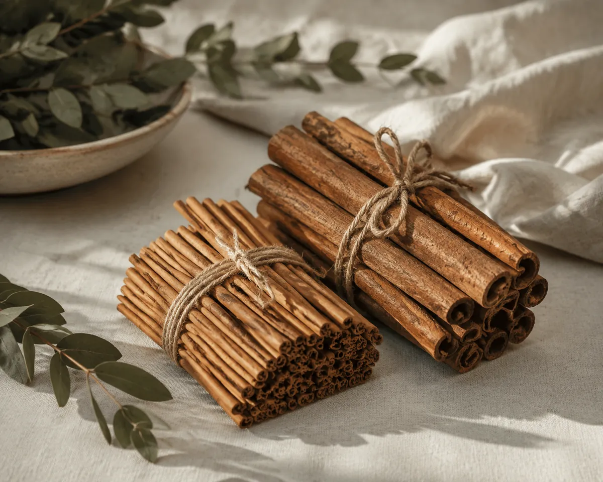 A bundle of very fine pale cinnamon quills tied with twine beside a coarser bundle