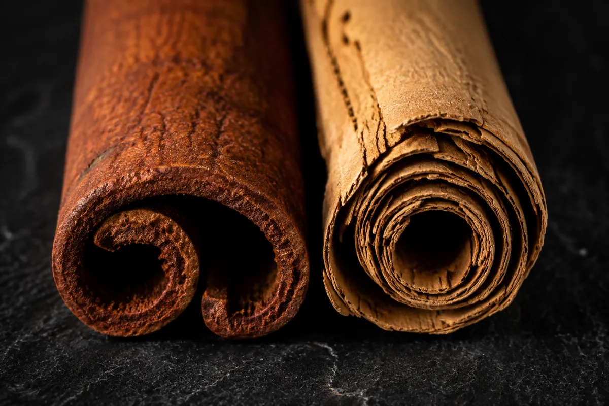 Two cinnamon sticks on dark slate: the left a thick dark single rolled tube, the right a pale tan quill of many thin papery layers