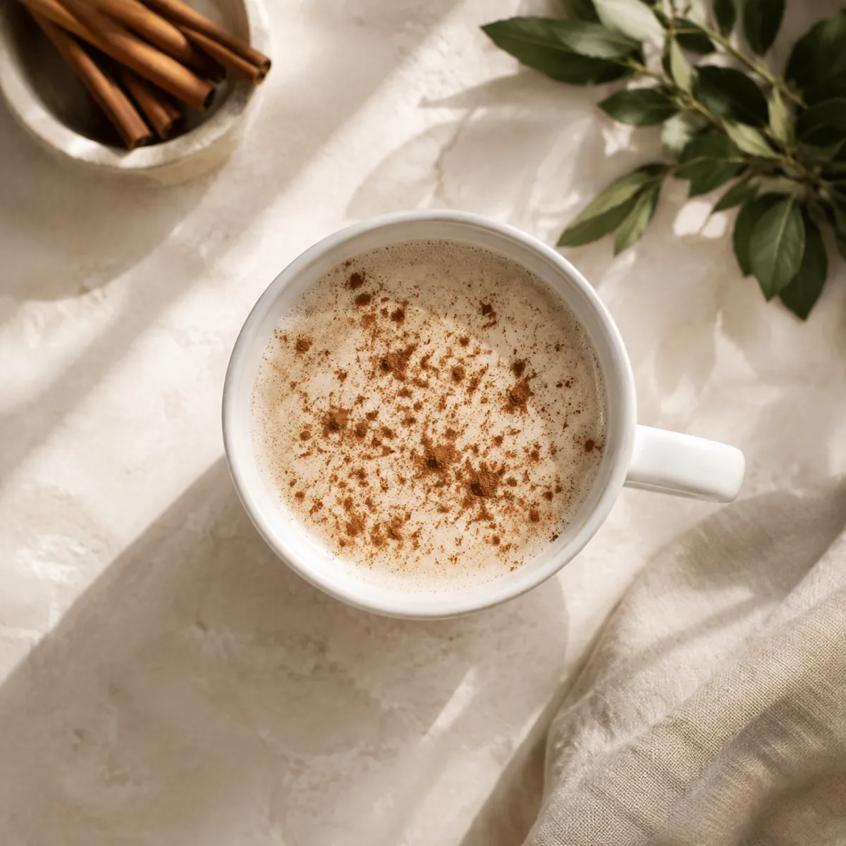 A cup of milky coffee seen from above with ground cinnamon clumped in dry patches on the foam and a few specks sinking through