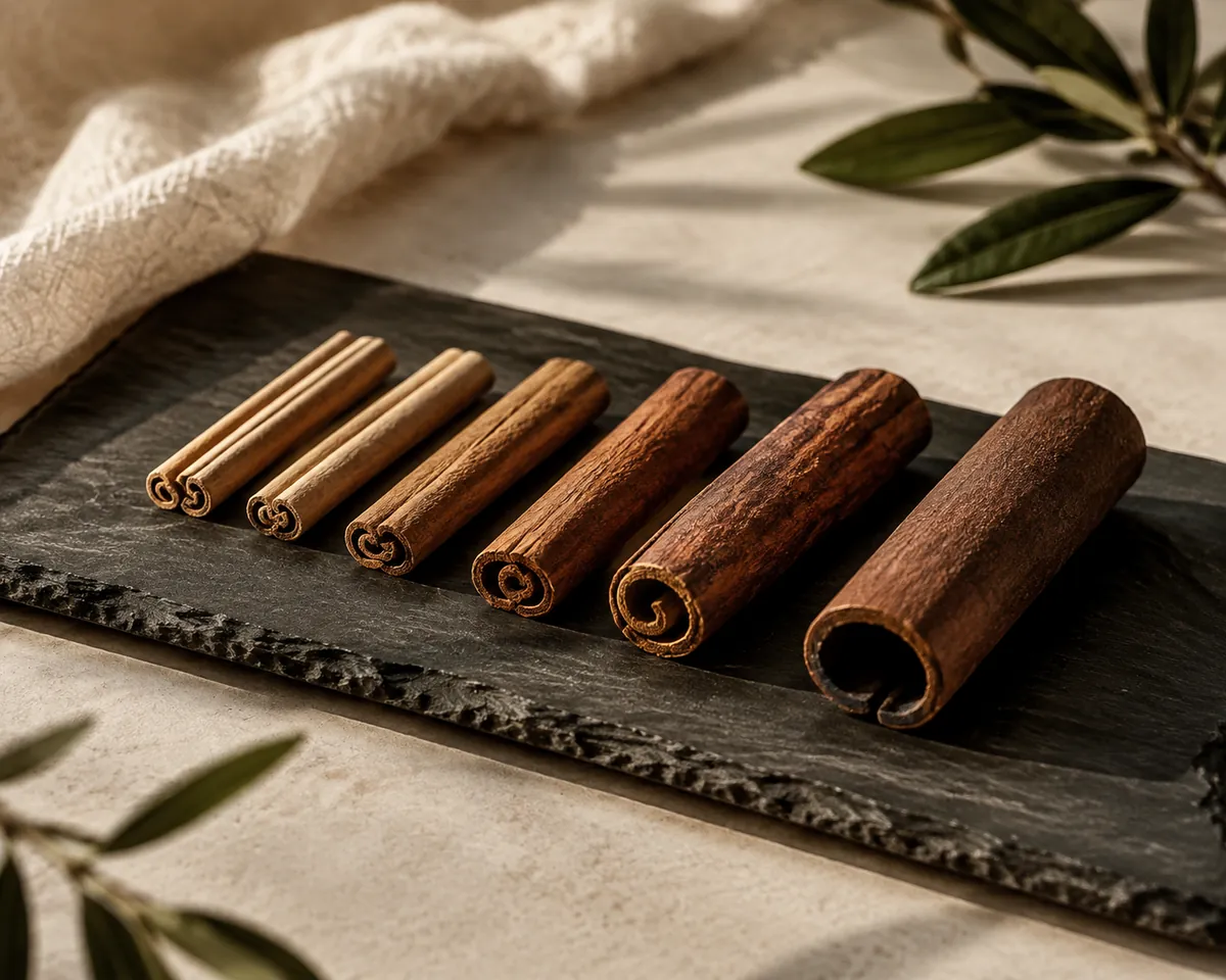 Several cinnamon quills laid in a row from thin pale multi-layered to thick dark single-layered