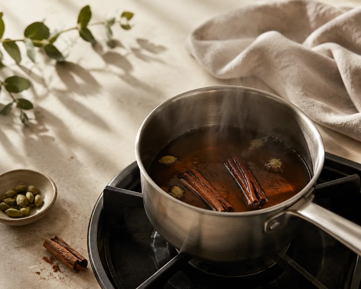 A small saucepan of dark spiced liquid at a low simmer with broken cinnamon bark and a few cardamom pods turning in it