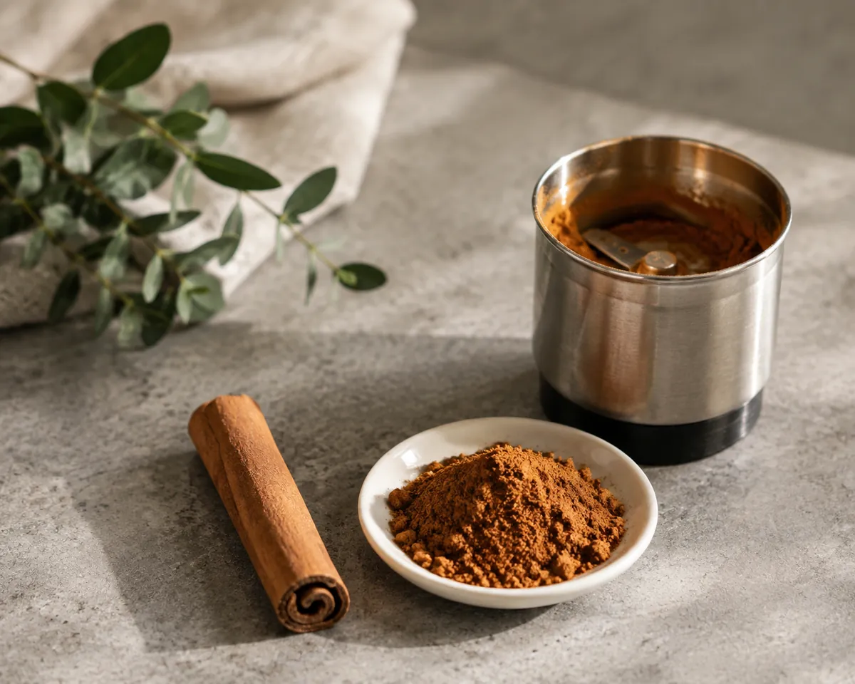 A whole cinnamon stick beside a small dish of freshly ground reddish-brown powder and an open steel spice grinder