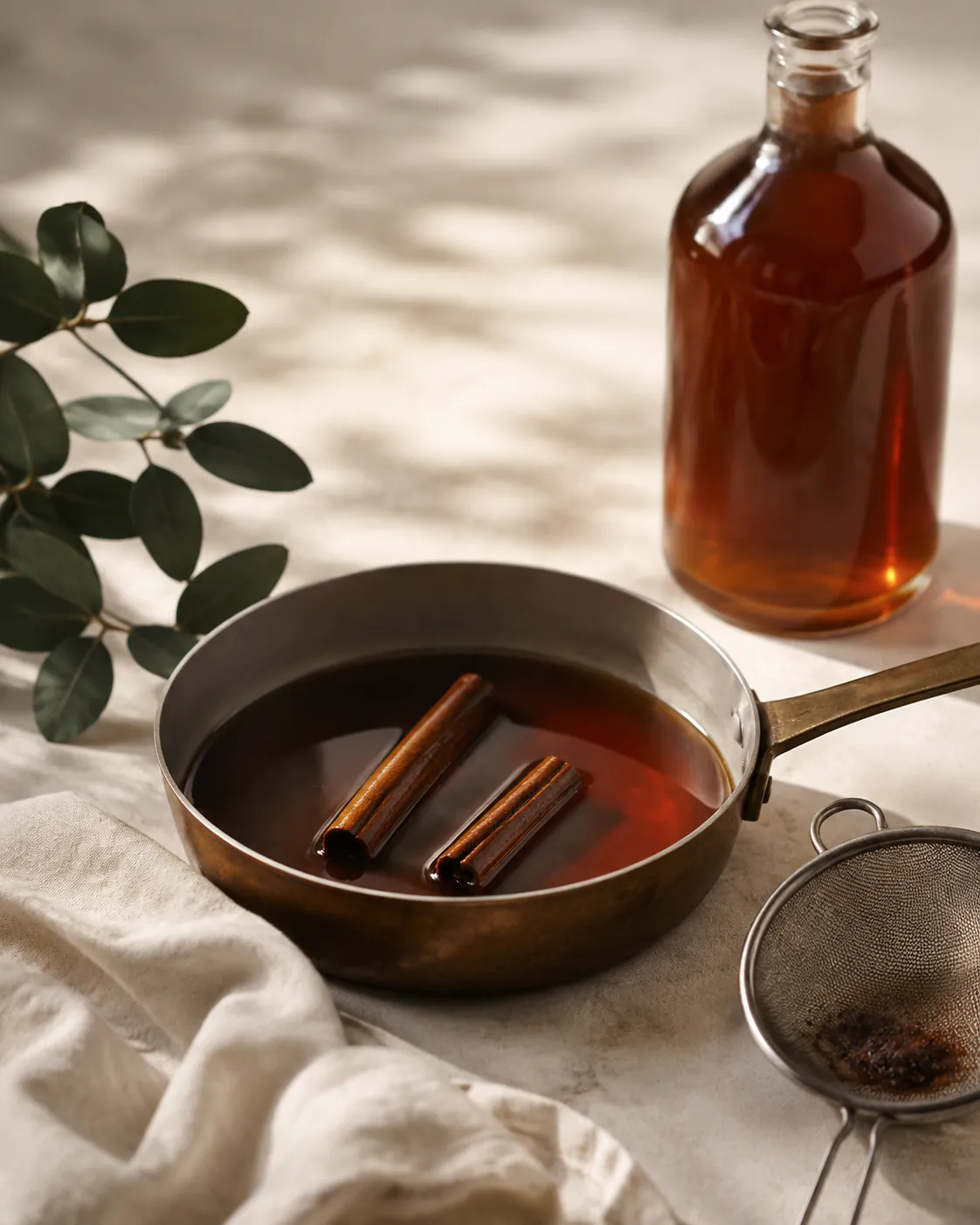 A small pan of dark amber cinnamon syrup with two broken bark sticks in it, beside a filled bottle and a fine strainer
