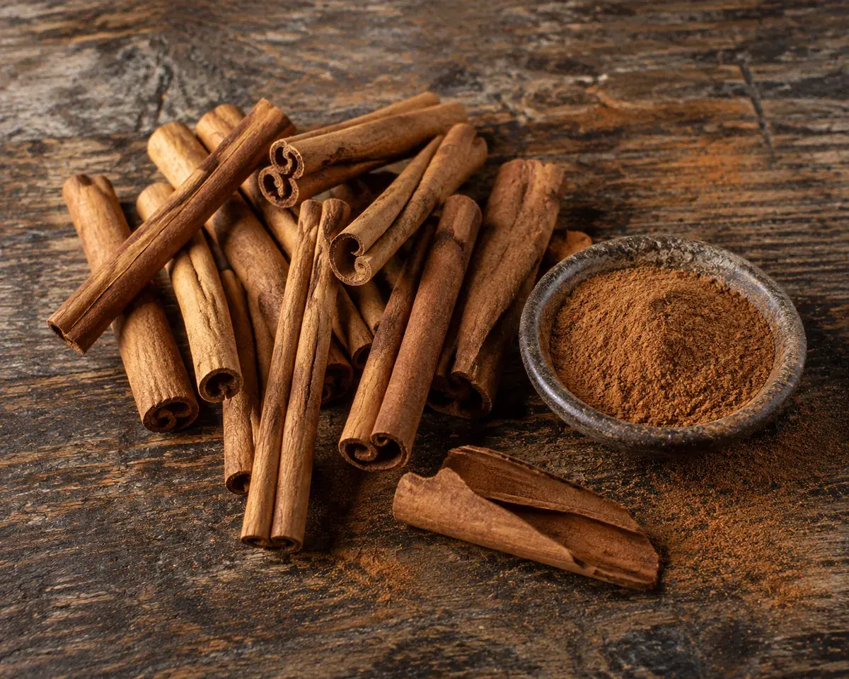 A thick single-rolled cassia stick beside a thin layered Ceylon cinnamon quill