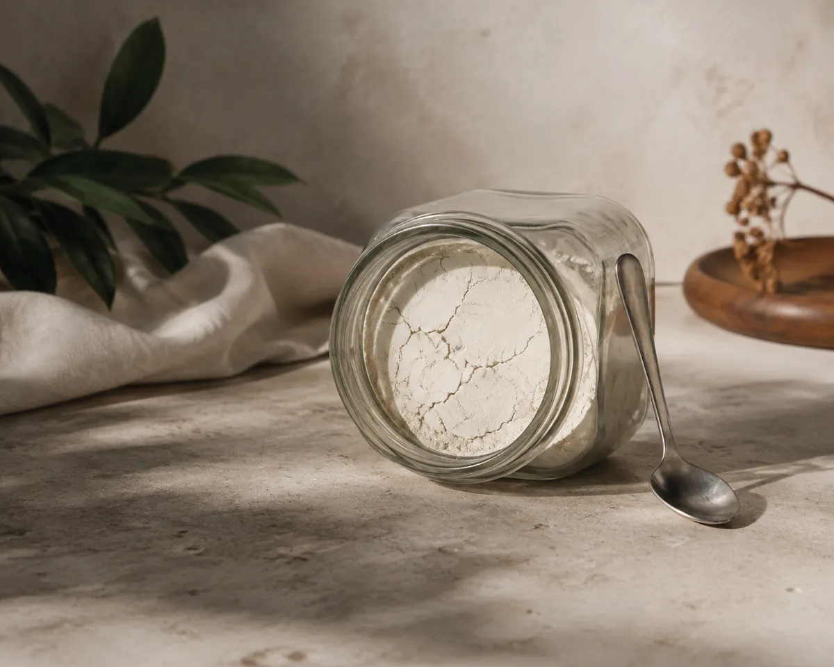 An open jar of citric acid set solid into a single caked white lump, with a dry spoon resting against the jar