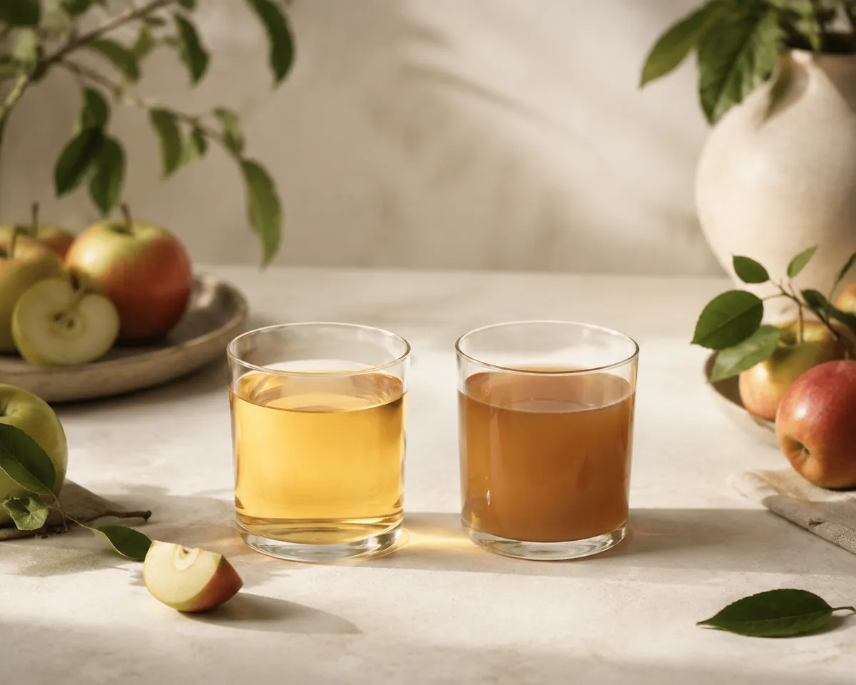 Two identical tumblers of apple juice side by side, the left bright pale gold and clear, the right visibly browned