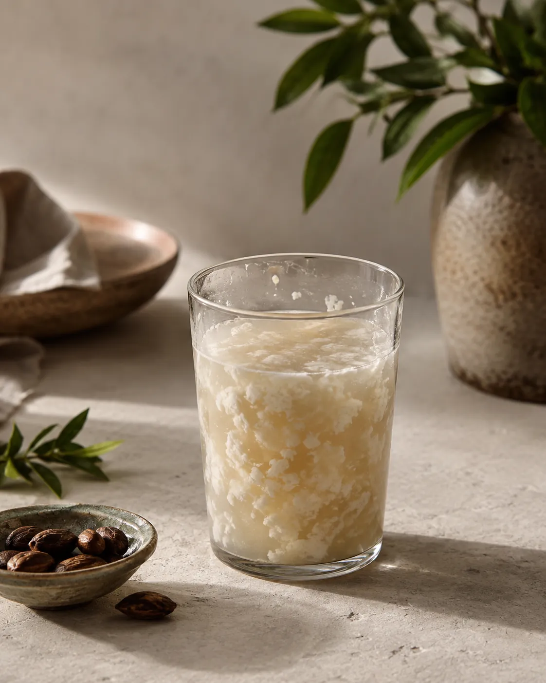 A clear glass of milk drink split into pale curds floating in thin watery liquid, with more flecks stuck to the inside of the glass