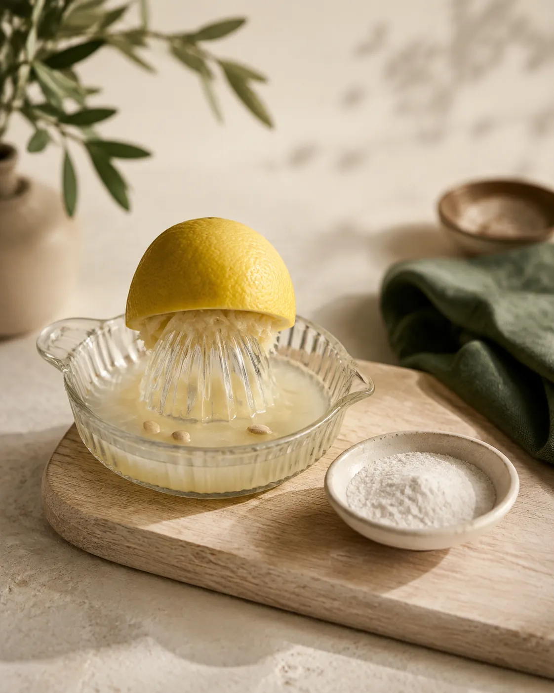 A squeezed lemon half on a glass reamer with juice, pulp and pips in the bowl beneath, beside a small white dish of fine white powder