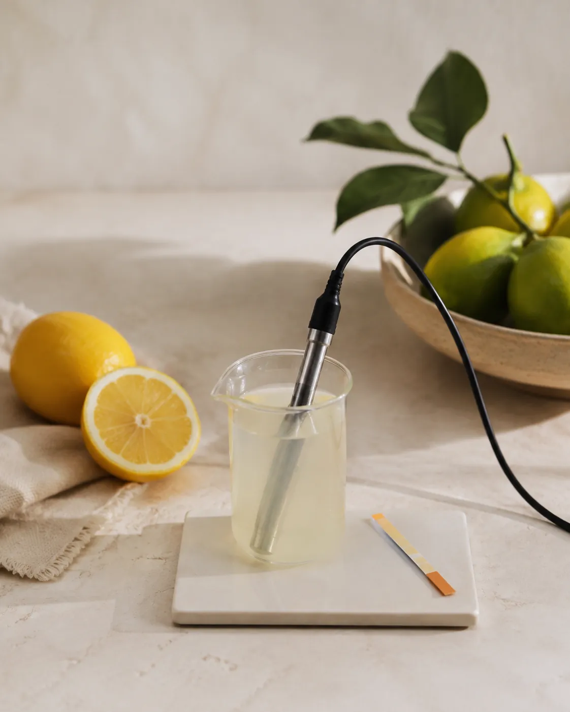 A slim digital pH probe standing in a small glass of pale cloudy lemonade beside a used colour-change test strip on a white tile