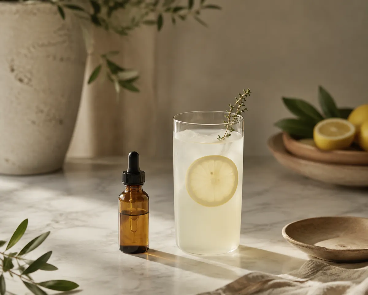 An amber dropper bottle of clear acid solution beside a tall glass of pale cloudy lemonade on a marble counter