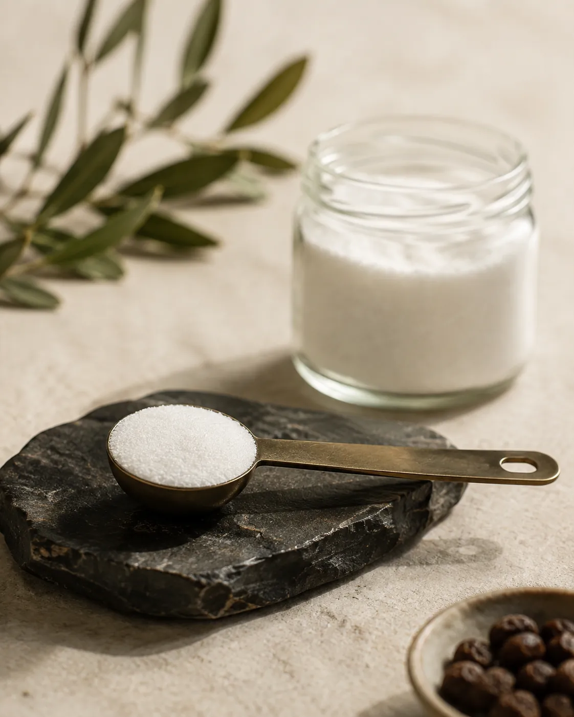 A level teaspoon of fine white citric acid powder on dark stone with an open jar of the same powder behind it