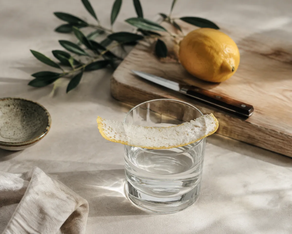 A pared strip of lemon peel resting across the rim of a tumbler of clear liquid, a whole lemon and a small paring knife on the board behind