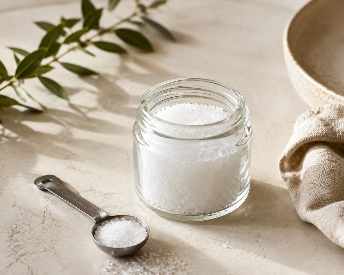 White citric acid crystals in a small open jar beside a measuring spoon