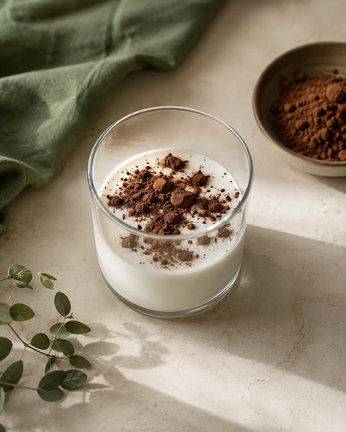 Dry cocoa powder tipped onto cold milk in a glass, sitting as dark floating clumps on the surface