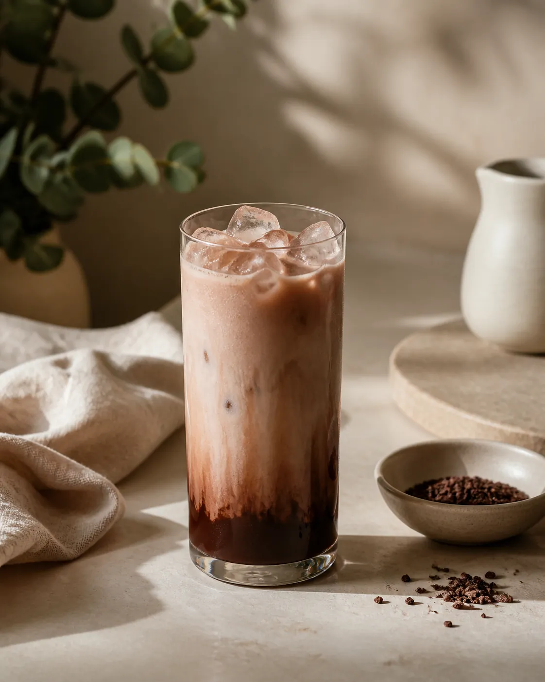 A tall glass of iced chocolate milk with a dark syrup layer visible at the base and pale milk above