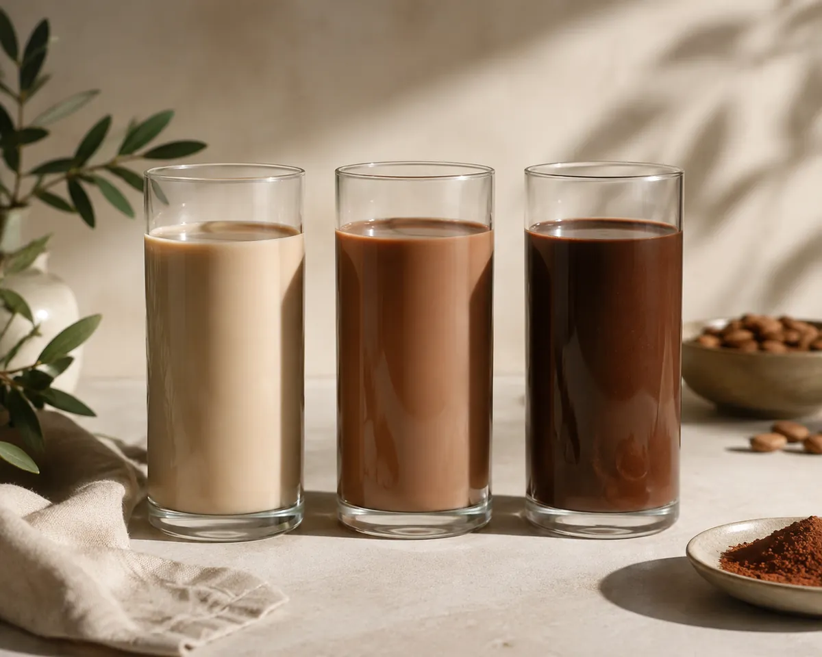 Three glasses of milk in a row shading from pale beige to deep brown as more cocoa is added