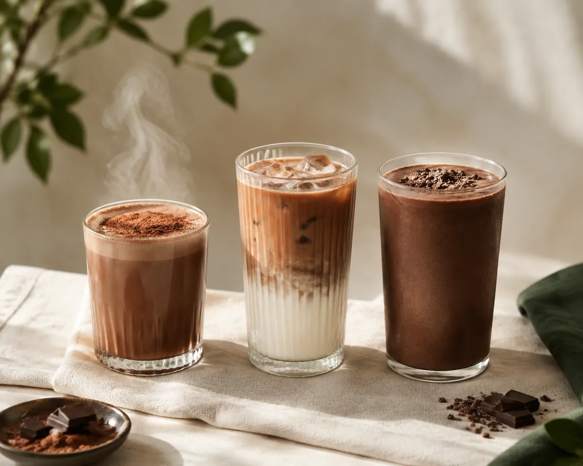 Three glasses in a row holding a hot cocoa, a layered iced chocolate milk and a dark chocolate smoothie