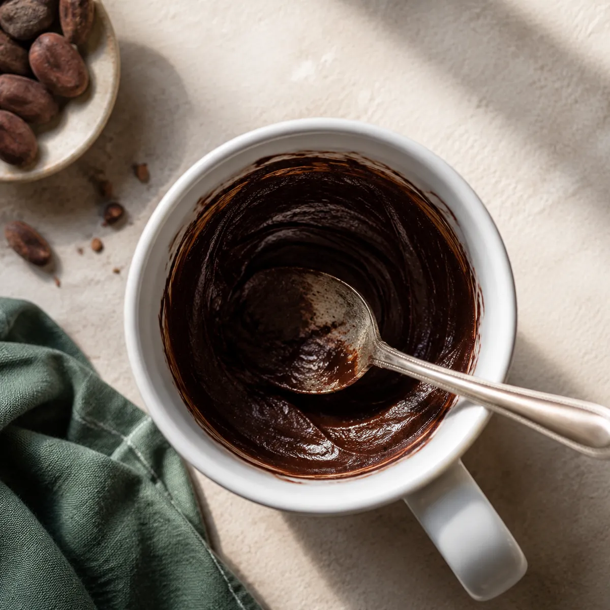 A glossy dark cocoa paste worked into the bottom of a white mug with the back of a teaspoon
