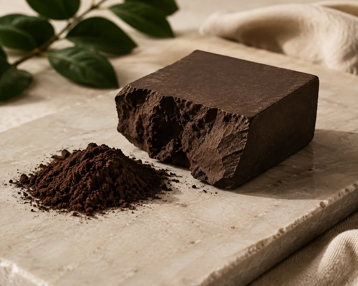 A broken block of dark pressed cocoa cake beside a small mound of the fine powder milled from it