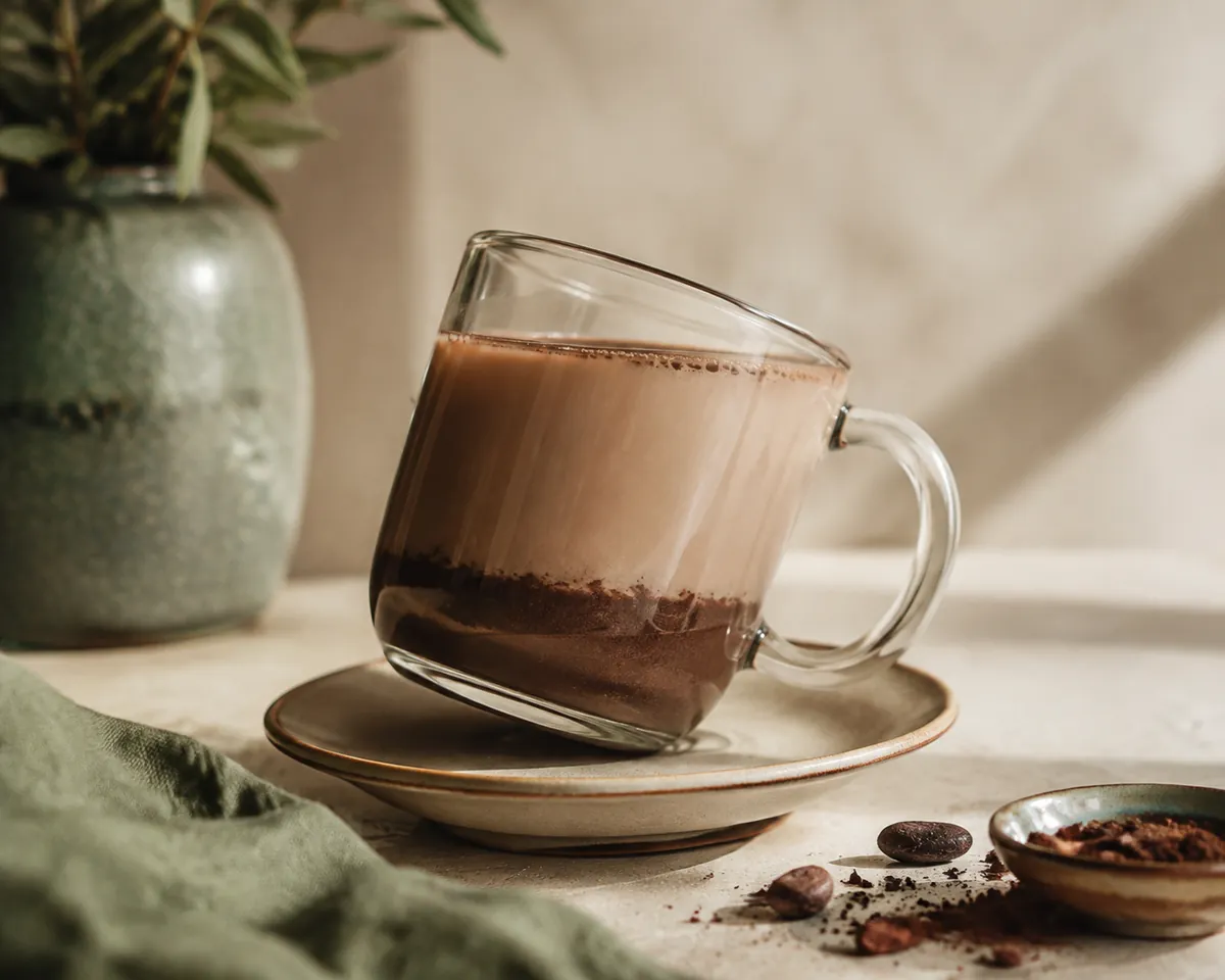 A clear glass mug of cocoa tilted to show a thick dark layer of sediment resting on the bottom