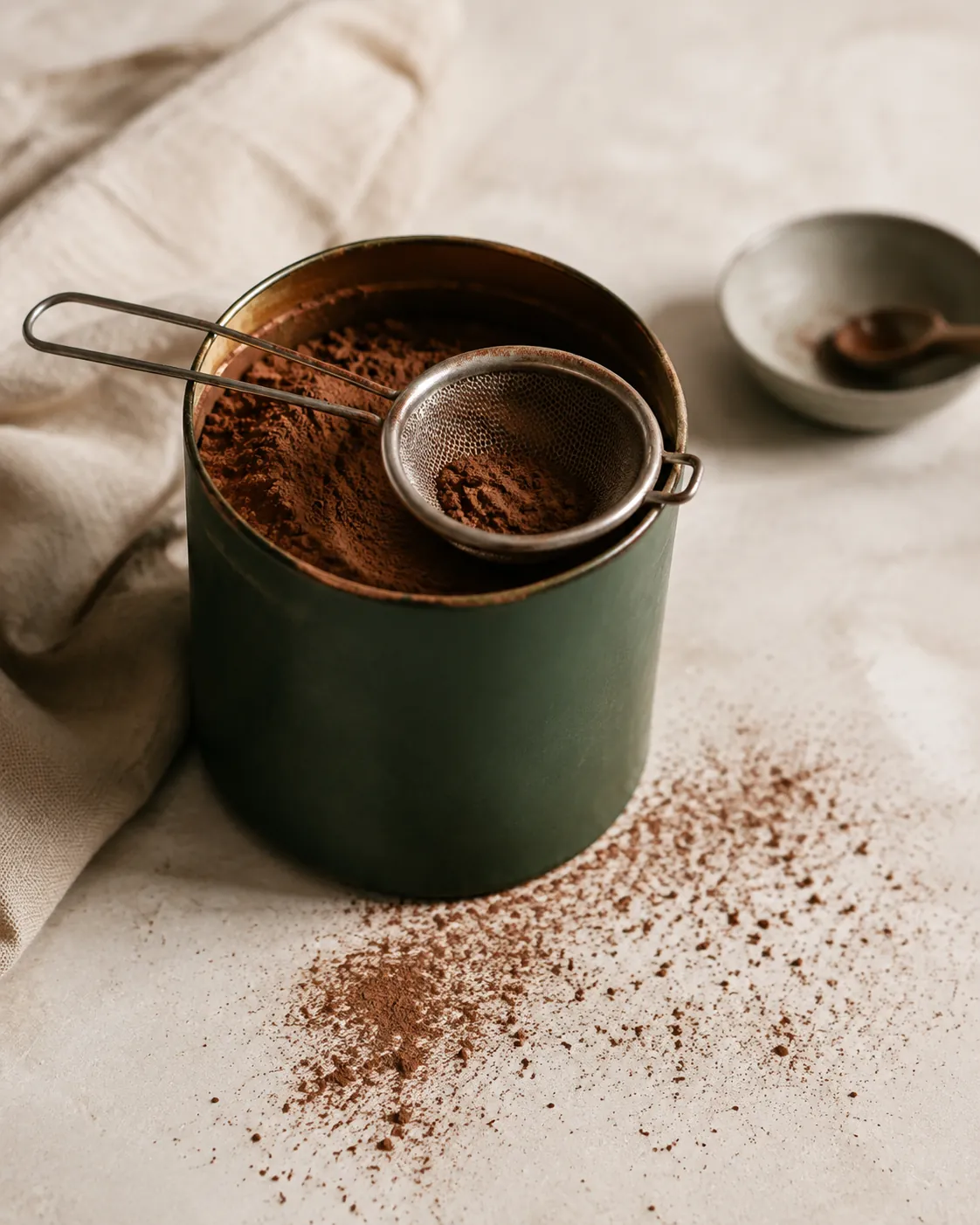 An open tin of cocoa powder with a small sieve resting on top and a scatter of powder on the surface below