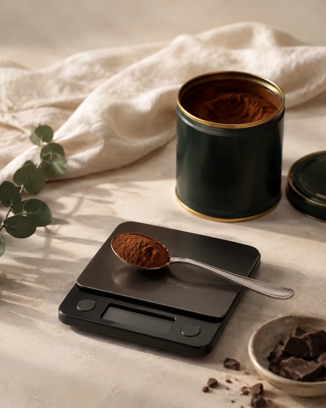 A levelled teaspoon of dark cocoa powder resting on a small digital kitchen scale beside an open tin